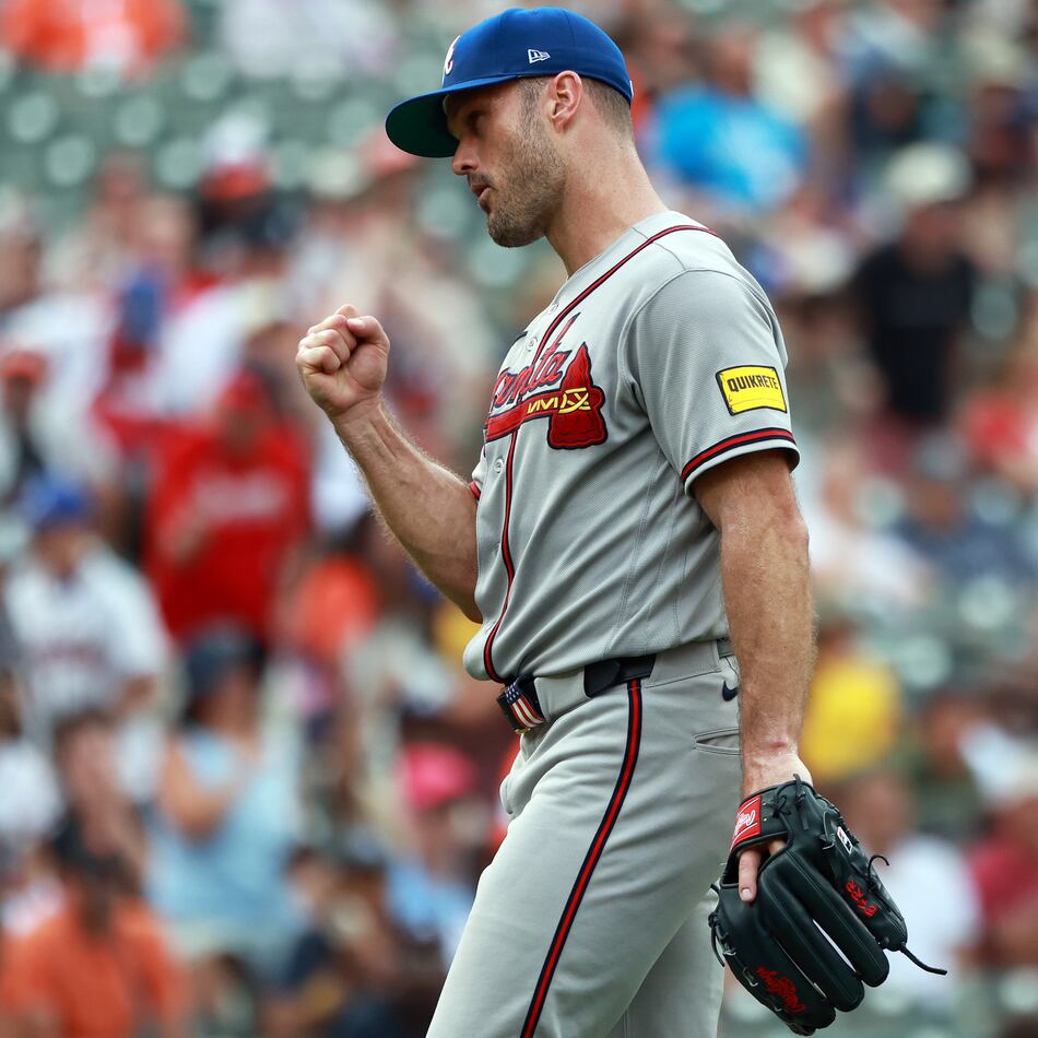 Braves reliever Tyler Kinley celebrates after a win against the Orioles on Sunday, July 26, 2026, in Baltimore. (Daniel Kucin Jr./AP)
