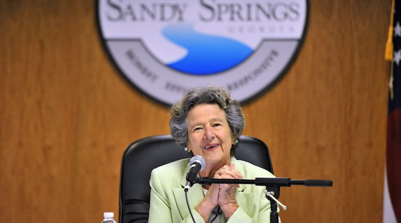 Sandy Springs Mayor Eva Galambos speaks during a city council meeting at Sandy Springs City Hall on Tuesday, June 18, 2013. Galambos has lived in Sandy Springs for almost five decades and was the driving force behind the city's incorporation. Galambos, the “founding mother” of Sandy Springs who led the 2005 push for cityhood and served as the new city’s first mayor, died April 19, 2015.