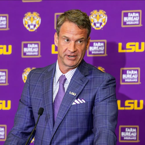 LSU's new head football coach Lane Kiffin gives an opening statement at an introductory news conference, Monday, Dec. 1, 2025, in Baton Rouge, La. (Michael Johnson/The Advocate via AP)