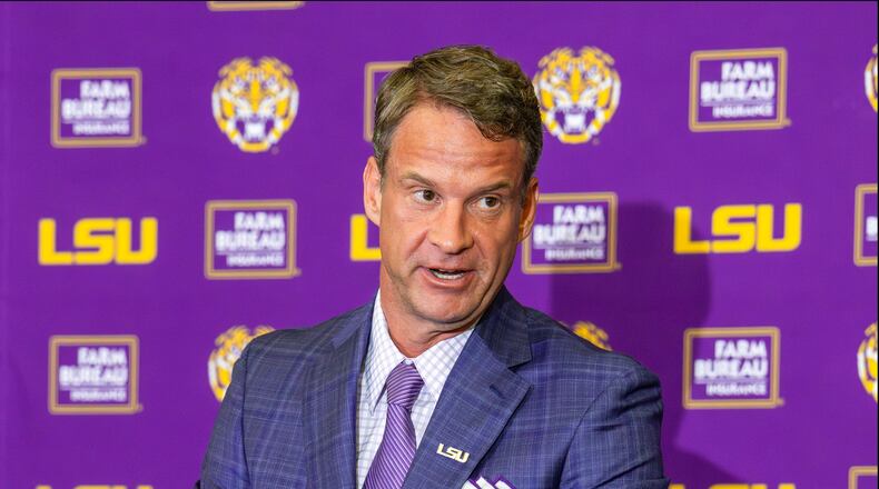 LSU's new head football coach Lane Kiffin gives an opening statement at an introductory news conference, Monday, Dec. 1, 2025, in Baton Rouge, La. (Michael Johnson/The Advocate via AP)