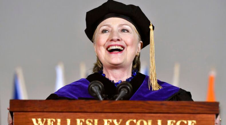 Former Secretary of State Hillary Clinton delivers the commencement address at Wellesley College, Friday, May 26, 2017 in Wellesley, Mass. Clinton graduated from the school in 1969. (AP Photo/Josh Reynolds)