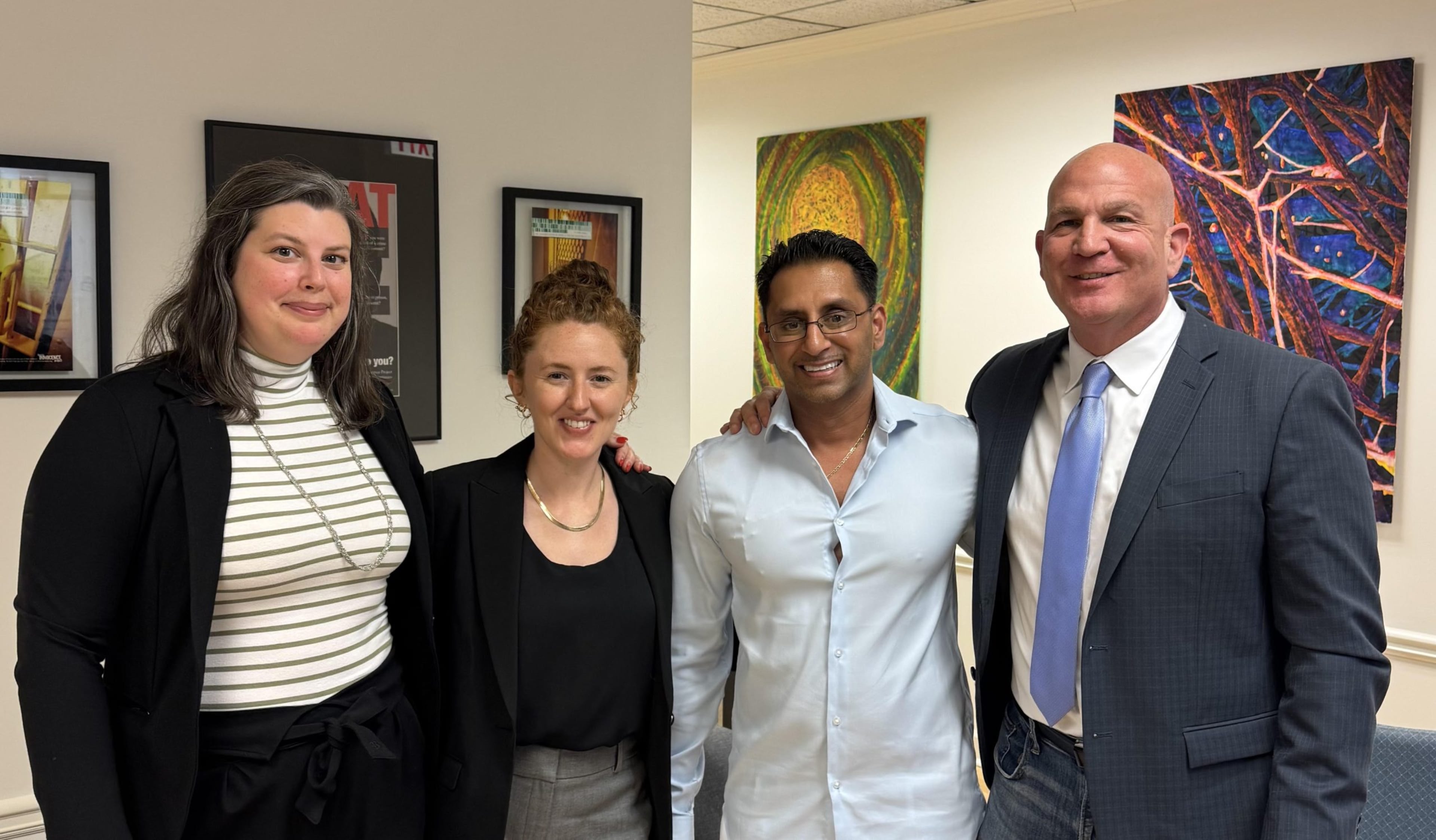 Sonny Bharadia (third from left) stands with his legal team after his release from prison last year. The DeKalb County native spent 23 years in prison for a crime he did not commit. His attorneys included Georgia Innocence Project senior Attorney Christina Cribbs (left), former staff attorney Olivia Vigiletti and Atanta defense attorney Noah Pines. (Courtesy of Georgia Innocence Project)