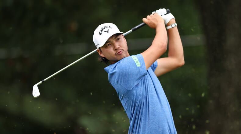 Min Woo Lee plays his tee shot on the third hole during the first round of the Tour Championship golf tournament, Thursday, Aug. 27, 2026, in Atlanta. (AP Photo/Colin Hubbard) CORRECTION: "Min Woo Lee" is correct not Si Woo Kim"