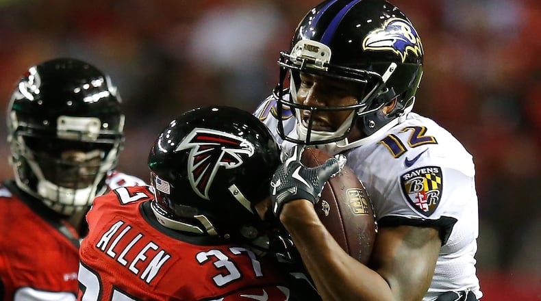ATLANTA, GA - SEPTEMBER 03: Ricardo Allen #37 of the Atlanta Falcons tackles Darren Waller #12 of the Baltimore Ravens at Georgia Dome on September 3, 2015 in Atlanta, Georgia. (Photo by Kevin C. Cox/Getty Images)