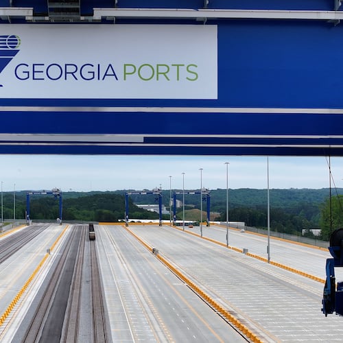 Aerial photo shows a new $134 million inland port, Tuesday, May 12, 2026, in Gainesville. Without data centers, Georgia ports don’t have the tools they need to support the digital infrastructure they rely on each day, says the author. (Hyosub Shin/AJC)