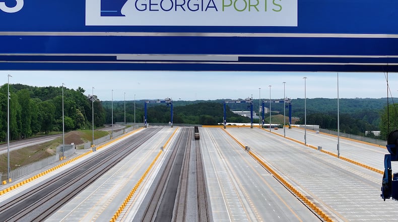 Aerial photo shows a new $134 million inland port, Tuesday, May 12, 2026, in Gainesville. Without data centers, Georgia ports don’t have the tools they need to support the digital infrastructure they rely on each day, says the author. (Hyosub Shin/AJC)