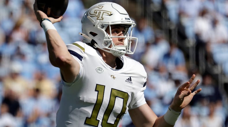 Georgia Tech quarterback Haynes King (10) throws a pass during the first half of an NCAA college football game against North Carolina, Saturday, Oct. 12, 2024, in Chapel Hill, N.C. (AP Photo/Chris Seward)
