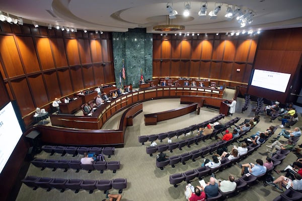 A member of the public speaks during the public comment portion of the Atlanta City Council meeting on Monday, Aug. 18, 2025, at City Hall. (Jason Getz/AJC)