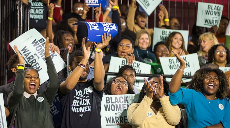11/21/2019 -- Atlanta, Georgia -- Students and supporters cheer as Sen. Elizabeth Warren expresses her appreciation for Historically Black Colleges and Universities during her campaign stop at Clark Atlanta University in Atlanta, Thursday, November 21, 2019. (Alyssa Pointer/Atlanta Journal Constitution)