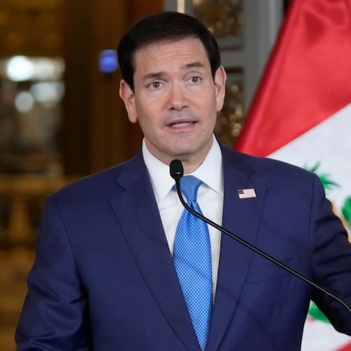 U.S. Secretary of State Marco Rubio gives a joint news conference with Peruvian President Keiko Fujimori at the presidential palace in Lima, Peru, Thursday, Sept. 10, 2026. (AP Photo/Martin Mejia, Pool)