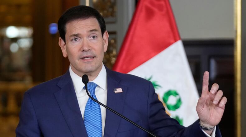 U.S. Secretary of State Marco Rubio gives a joint news conference with Peruvian President Keiko Fujimori at the presidential palace in Lima, Peru, Thursday, Sept. 10, 2026. (AP Photo/Martin Mejia, Pool)