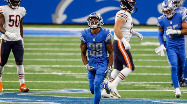 Detroit Lions wide receiver Jamal Agnew celebrates his punt return against the Chicago Bears during the first half on Sunday, Sept. 13, 2020 at Ford Field in Detroit, Michigan. (Junfu Han/Detroit Free Press/TNS)