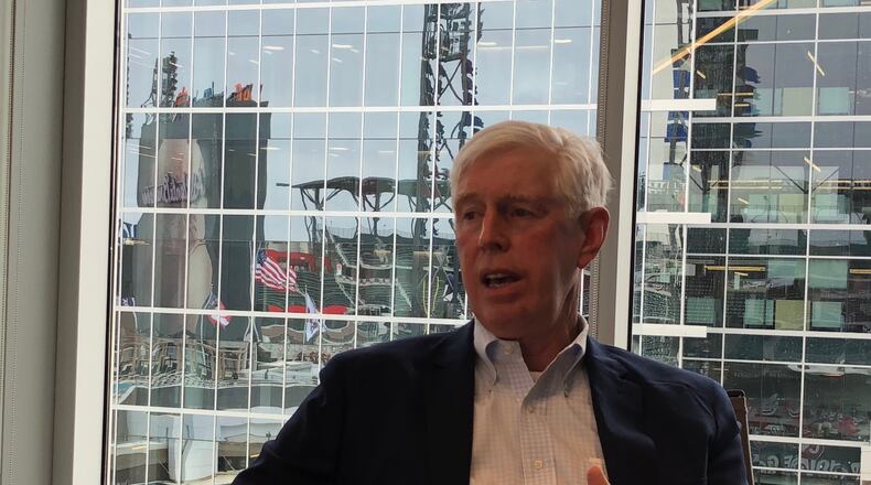 Braves Chairman Terry McGuirk meets with AJC reporters Tuesday.