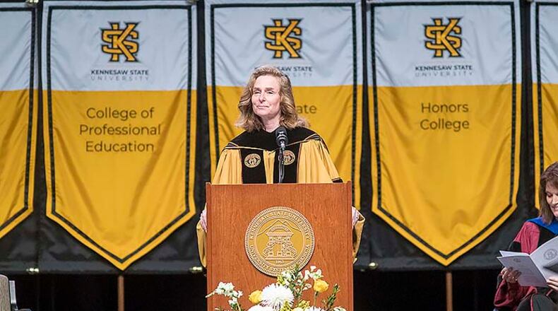 Kennesaw State University president Pamela S. Whitten speaks during the 223rd Kennesaw State University commencement ceremony at the convocation center on the university's main campus in this 2019 file photo. Whitten is leaving KSU to become president of Indiana University on July 1, 2021. (ALYSSA POINTER/ALYSSA.POINTER@AJC.COM)
