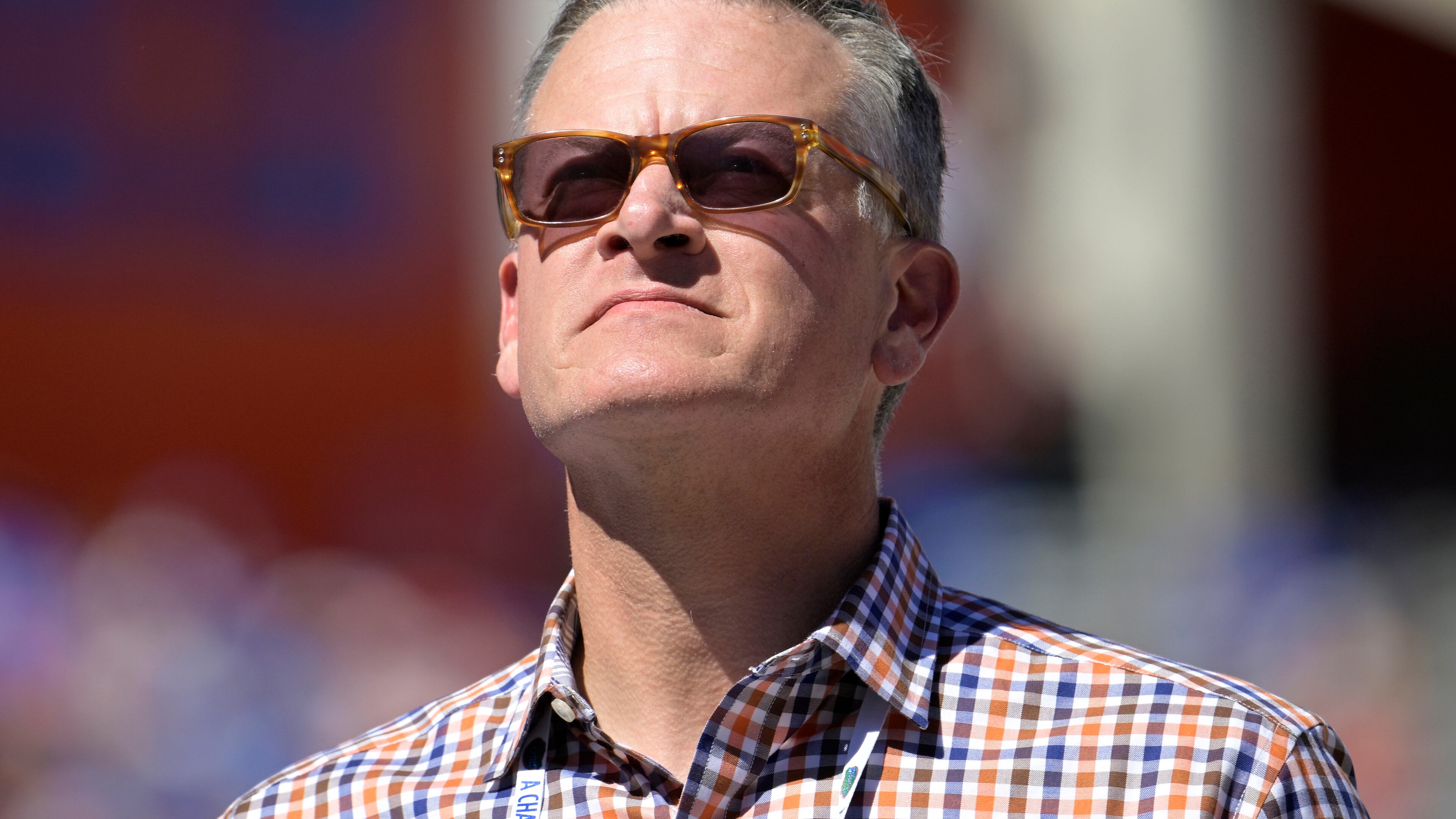 FILE - Florida athletic director Scott Stricklin looks to the stands during the second half of an NCAA college football game against Eastern Washington, Oct. 2, 2022, in Gainesville, Fla. (AP Photo/Phelan M. Ebenhack, File)