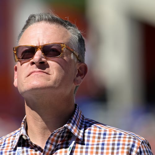 FILE - Florida athletic director Scott Stricklin looks to the stands during the second half of an NCAA college football game against Eastern Washington, Oct. 2, 2022, in Gainesville, Fla. (AP Photo/Phelan M. Ebenhack, File)