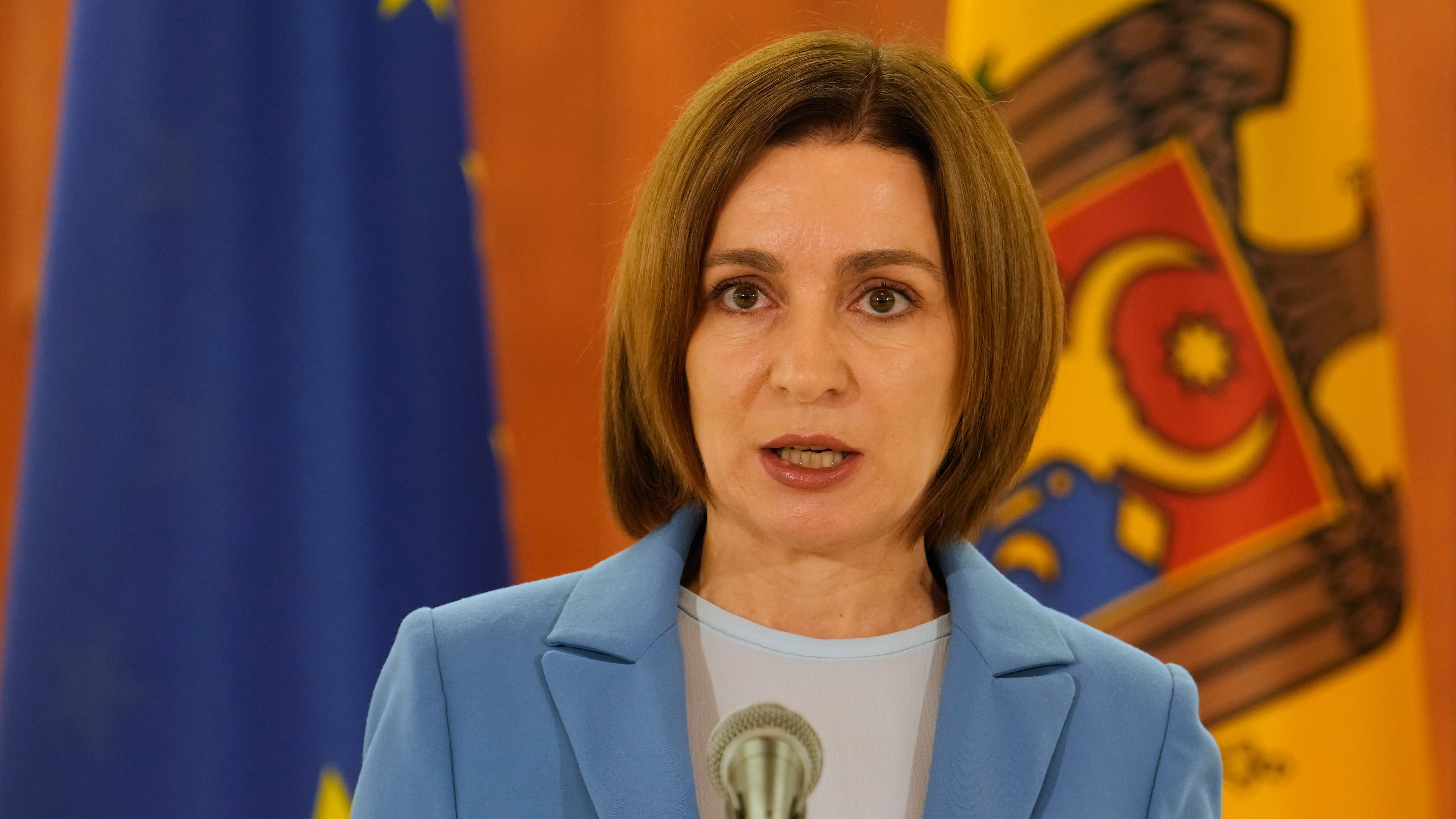 Moldova's President Maia Sandu speaks to the media after the parliamentary election, in Chisinau, Moldova, Monday, Sept. 29, 2025. (AP Photo/Vadim Ghirda)