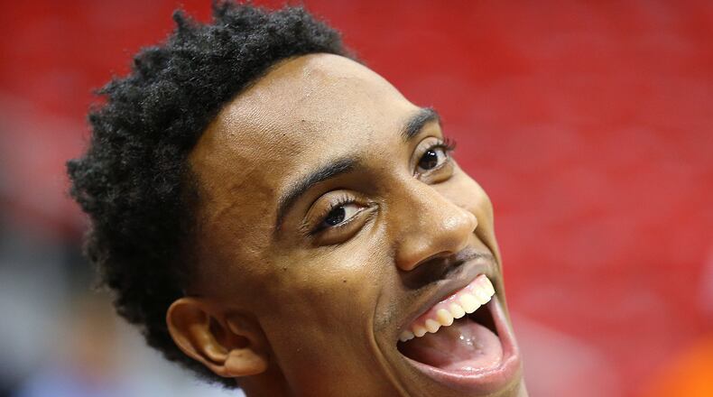 Hawks guard Jeff Teague shares a laugh with trainers before playing the Cavaliers in Game 1 of the Eastern Conference Finals on Wednesday, May 20, 2015, in Atlanta. Curtis Compton / ccompton@ajc.com