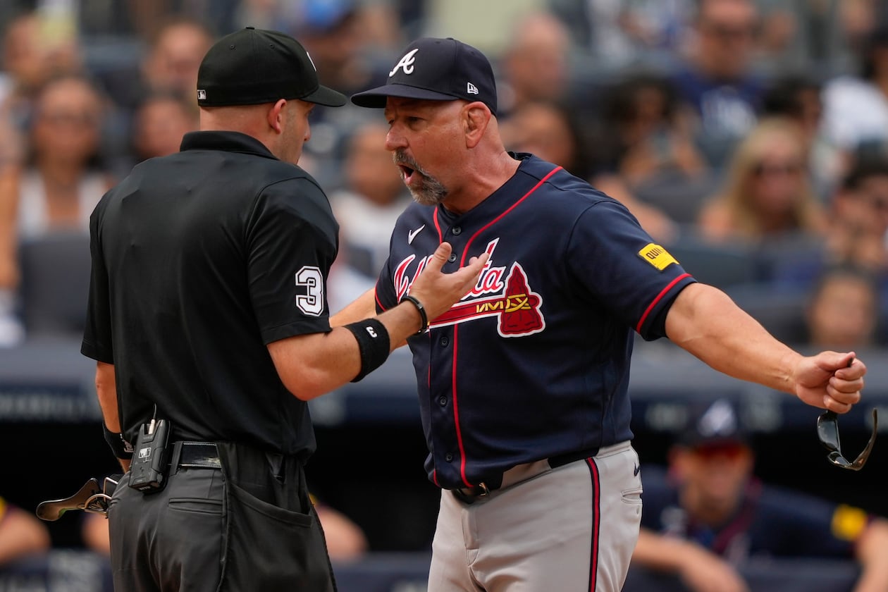 Atlanta Braves manager Walt Weiss argues with home plate umpire Dan Merzel and gets ejected during the fifth inning of a baseball game against the New York Yankees, Saturday, Aug. 8, 2026, in New York. (Yuki Iwamura/AP)