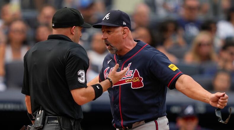 Atlanta Braves manager Walt Weiss argues with home plate umpire Dan Merzel and gets ejected during the fifth inning of a baseball game against the New York Yankees, Saturday, Aug. 8, 2026, in New York. (AP Photo/Yuki Iwamura)