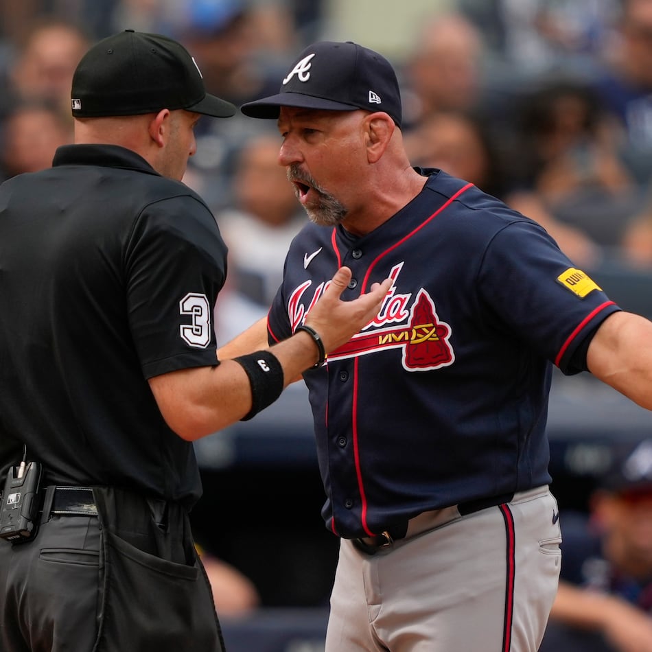 Atlanta Braves manager Walt Weiss argues with home plate umpire Dan Merzel and gets ejected during the fifth inning of a baseball game against the New York Yankees, Saturday, Aug. 8, 2026, in New York. (Yuki Iwamura/AP)