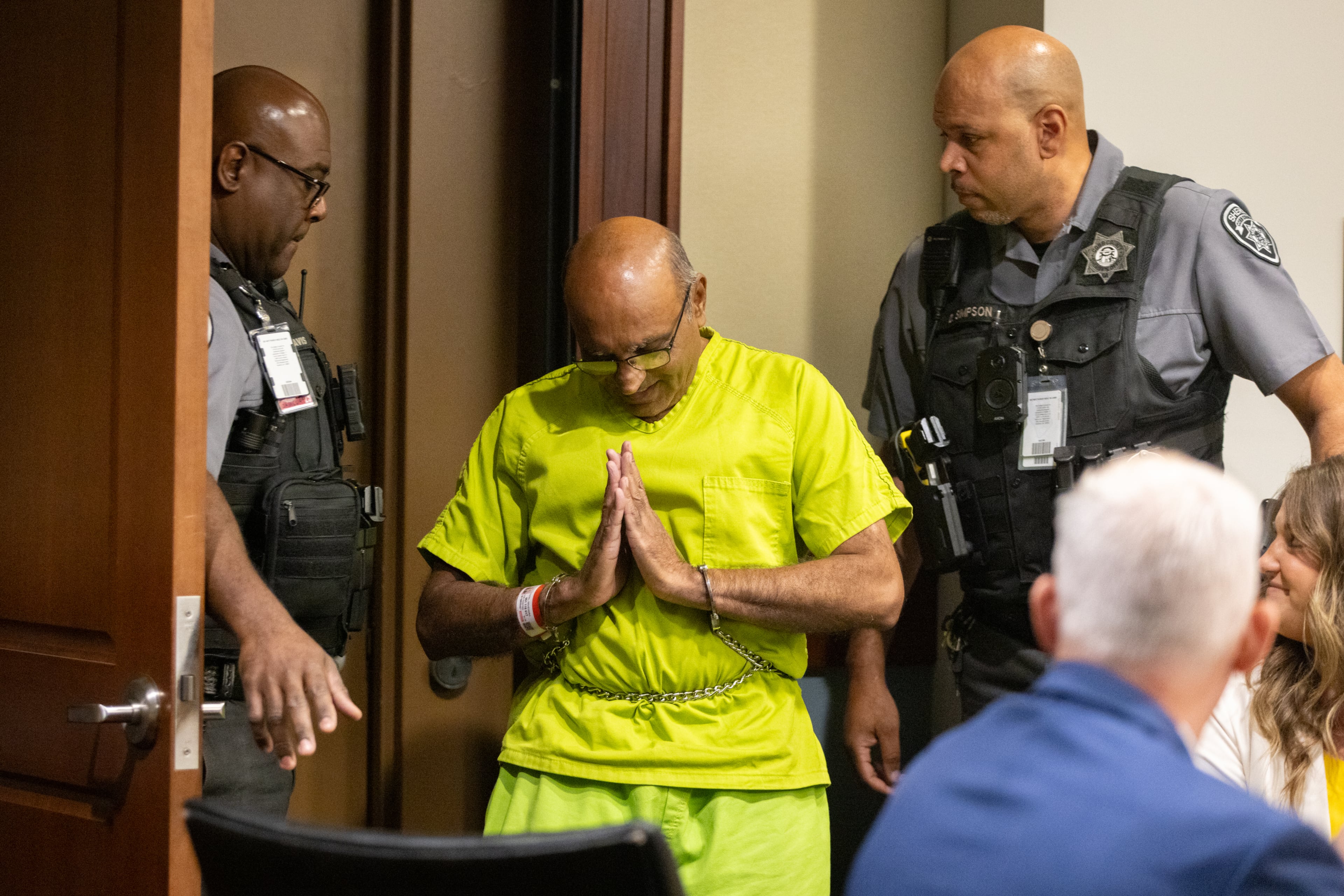 Mahendra Patel appears for his bond hearing in a Cobb County courtroom in Marietta on Tuesday, May 6, 2025. (Arvin Temkar/AJC)