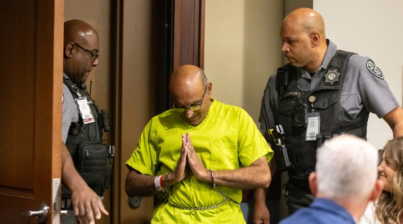 Mahendra Patel appears for his bond hearing in a Cobb County courtroom in Marietta on Tuesday, May 6, 2025. Patel, who was accused of trying to kidnap a child at a Walmart in March, was in the Cobb jail for more than 40 days without bond. The judge granted him $10,000 bond. (Arvin Temkar/AJC)