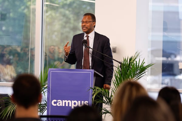 Former Morehouse College President John Wilson speaks during the ribbon cutting for the grand opening of the Atlanta hub of Campus on Tuesday, May 6, 2025. Wilson now serves as chair of Campus' board. (Natrice Miller/ AJC)