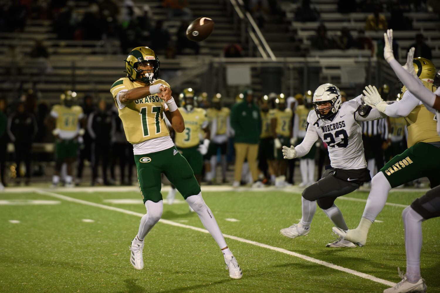 Grayson quarterback Travis Burgess, #17, makes a pass. (Jamie Spaar for the Atlanta Journal Constitution)