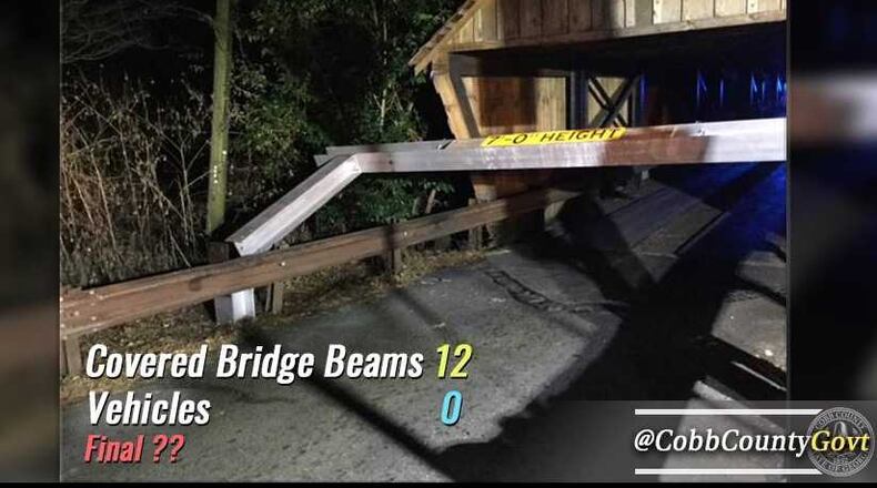 Make it a dozen! Someone hit Cobb County's Concord Road Covered Bridge again. This time on Dec. 3, 2018.