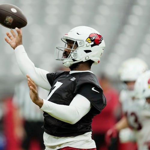 Arizona Cardinals quarterback Jacoby Brissett throws during NFL football training camp, Sunday, July 26, 2026, in Glendale, Ariz. (AP Photo/Ross D. Franklin)