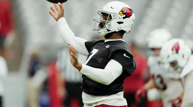 Arizona Cardinals quarterback Jacoby Brissett throws during NFL football training camp, Sunday, July 26, 2026, in Glendale, Ariz. (AP Photo/Ross D. Franklin)