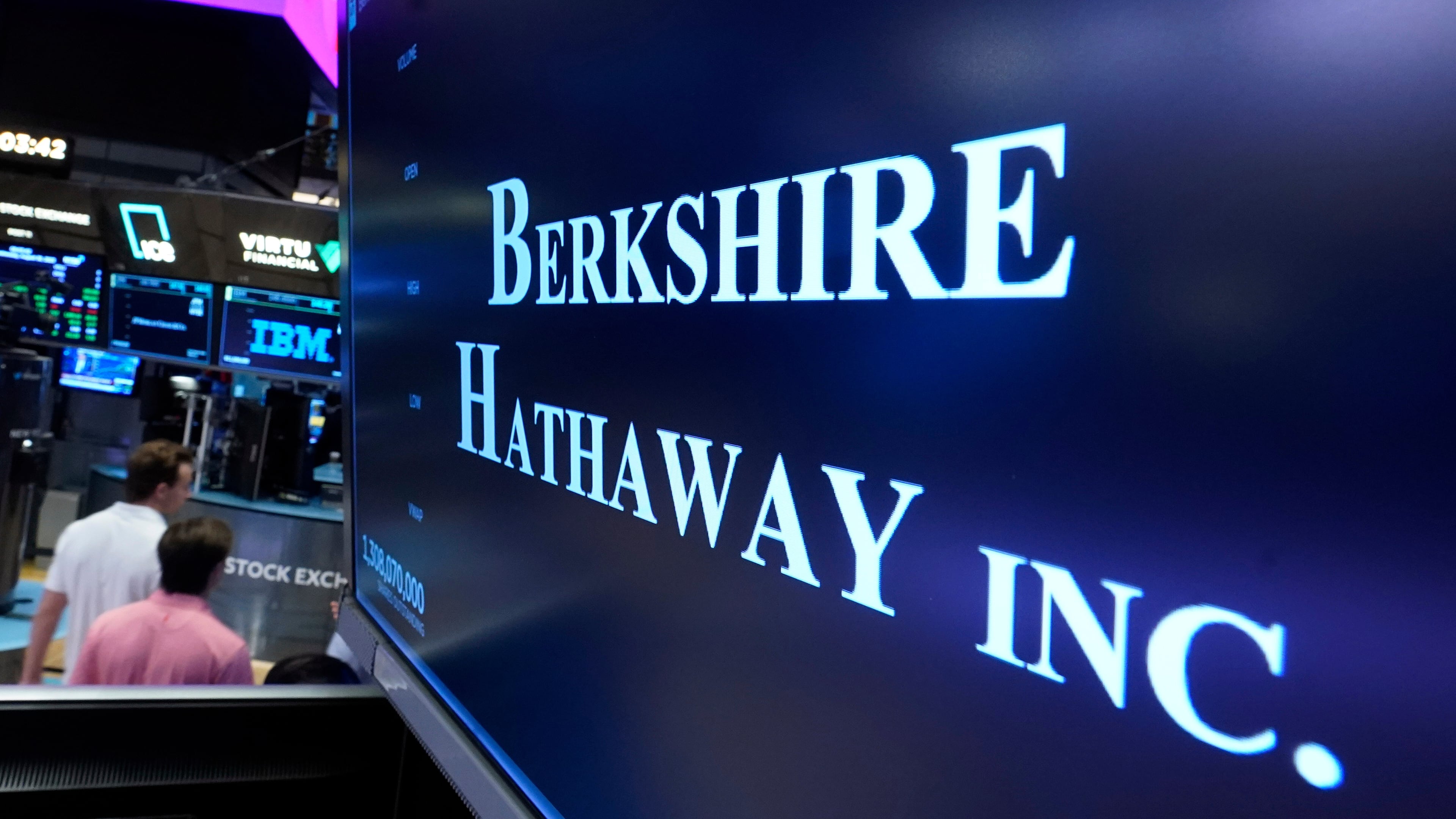 FILE - The logo for Berkshire Hathaway Inc. is displayed at a trading post on the floor of the New York Stock Exchange, Wednesday, Aug. 30, 2023. (AP Photo/Richard Drew, File)