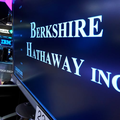FILE - The logo for Berkshire Hathaway Inc. is displayed at a trading post on the floor of the New York Stock Exchange, Wednesday, Aug. 30, 2023. (AP Photo/Richard Drew, File)