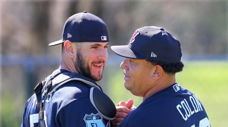 David Freitas greets former Braves pitcher Bartolo Colon during 2017 spring training. (Curtis Compton/AJC)