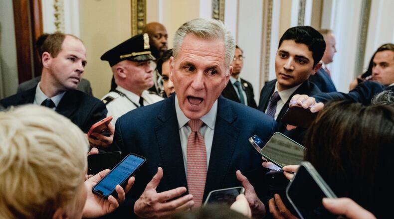 Rep. Kevin McCarthy (R-Calif.) speaks with reporters at the Capitol, in Washington on Tuesday, Jan. 3, 2022. McCarthy was poised on Tuesday to lose his first vote for speaker and hunker down for a pitched battle for the top job in the House, amid a rebellion among hard-right lawmakers that left it up for grabs at the dawn of the new Republican majority. (Shuran Huang/The New York Times)