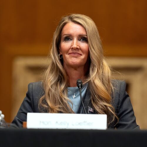 FILE - Small Business Administration administrator Kelly Loeffler listens during a hearing of the Senate Committee on Capitol Hill, May 21, 2025, in Washington. (AP Photo/Mark Schiefelbein, File)