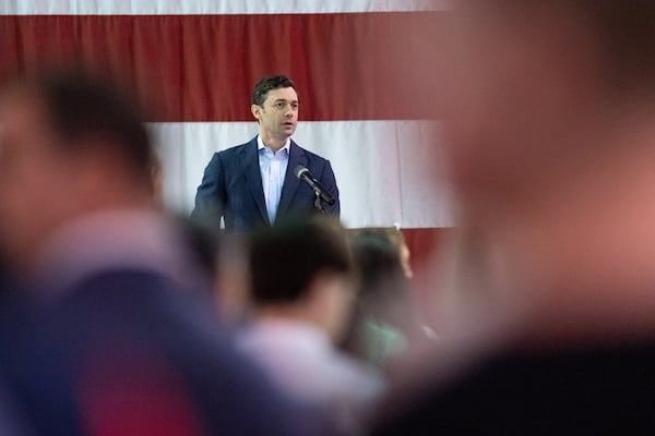 U.S. Sen. Jon Ossoff spoke during Georgia Service Academy Day at Dobbins Air Reserve Base in Marietta last month. (Ben Gray for the AJC)