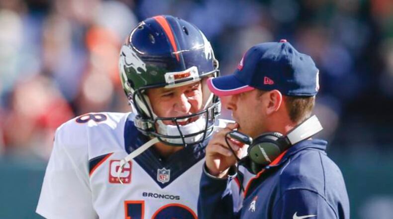 ADVANCE FOR WEEKEND EDITIONS, DEC. 20-21- FILE - In this Oct. 12, 2014, file photo, Denver Broncos quarterback Peyton Manning (18) talks with offensive coordinator Adam Gase between plays during the third quarter of an NFL football game against the New York Jets in East Rutherford, N.J. The Associated Press will honor an NFL assistant coach for the first time this year with his own award. (AP Photo/Kathy Willens, File) Denver Broncos quarterback Peyton Manning (18) talks with offensive coordinator Adam Gase between plays during the third quarter of an NFL football game against the New York Jets in East Rutherford, N.J. He was interview by the Falcons on Friday. (AP Photo/Kathy Willens, File)