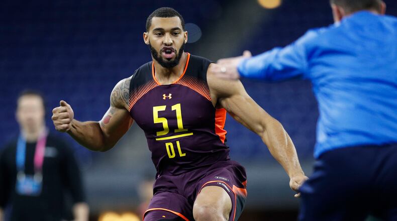 Defensive lineman Montez Sweat of Mississippi State works out during day four of the NFL Combine Sunday, March 3, 2019, at Lucas Oil Stadium in Indianapolis.