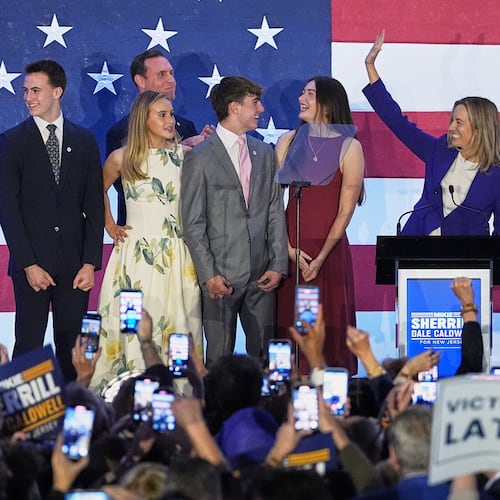 New Jersey Democratic gubernatorial candidate Mikie Sherrill speaks during an election night party in East Brunswick, N.J., Tuesday, Nov. 4, 2025. (AP Photo/Matt Rourke)