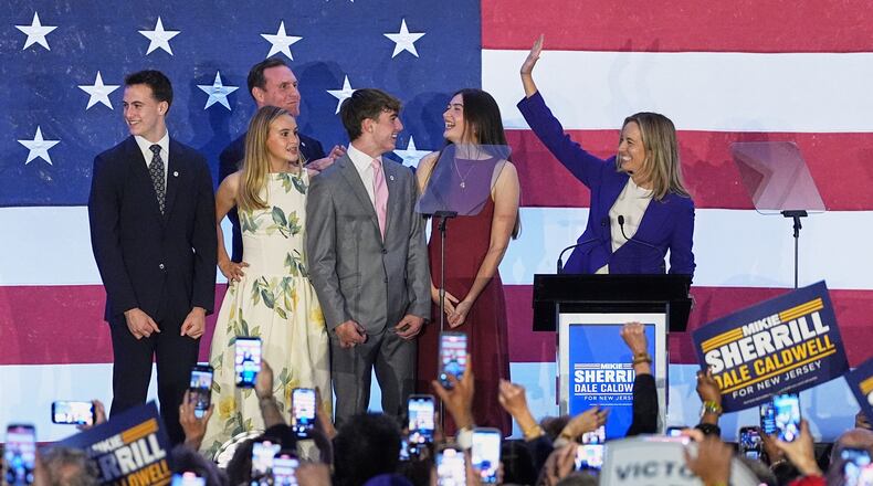 New Jersey Democratic gubernatorial candidate Mikie Sherrill speaks during an election night party in East Brunswick, N.J., Tuesday, Nov. 4, 2025. (AP Photo/Matt Rourke)