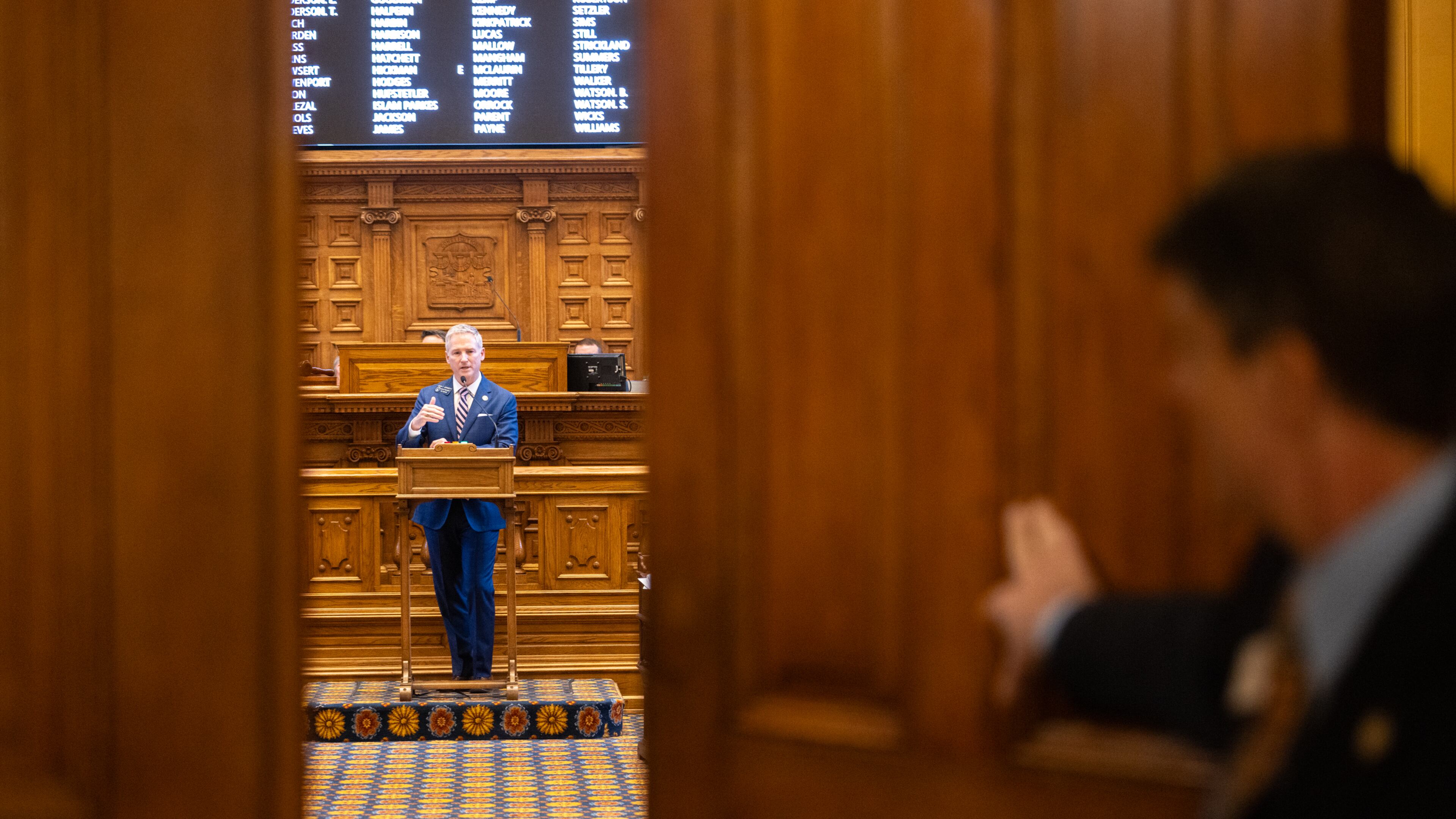 Georgia Senate President Pro Tempore John F. Kennedy, R-Macon, speaks at the Senate in the Capitol in Atlanta, March 28, 2025. (Arvin Temkar/AJC)