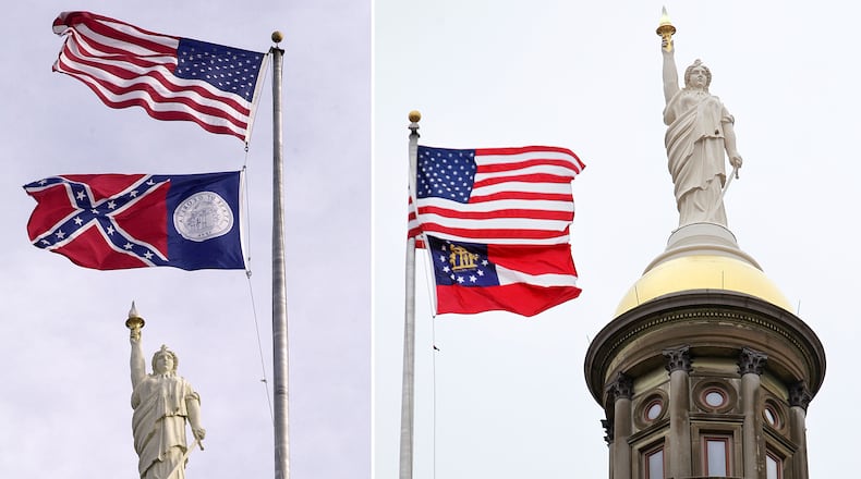 LEFT: The Georgia flag, with its distinctive Confederate battle emblem flies, above the state Capitol in 2001, the same year a compromise design was adopted. RIGHT: The U.S. and the current Georgia state flag — adopted in 2003 — fly at the gold dome.