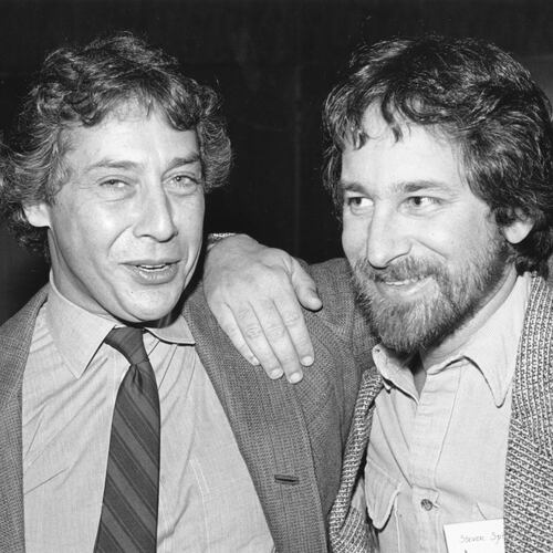 FILE - Directors Mark Rydell, left, and Steven Spielberg are seen together during a break at the 1981, Nominees Luncheon hosted by the Academy of Motion Picture Arts and Sciences in Beverly Hills, Calif. on Tues. March 10, 1982. (AP Photo/Lennox McLendon,File)