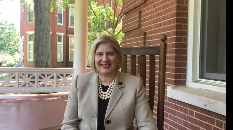 Agnes Scott College President Leocadia "Lee" Zak sits in a rocking chair on one of her favorite locations on campus. An inauguration ceremony was held on April 26, 2019, on the campus, located in Decatur. ERIC STIRGUS / ESTIRGUS@AJC.COM