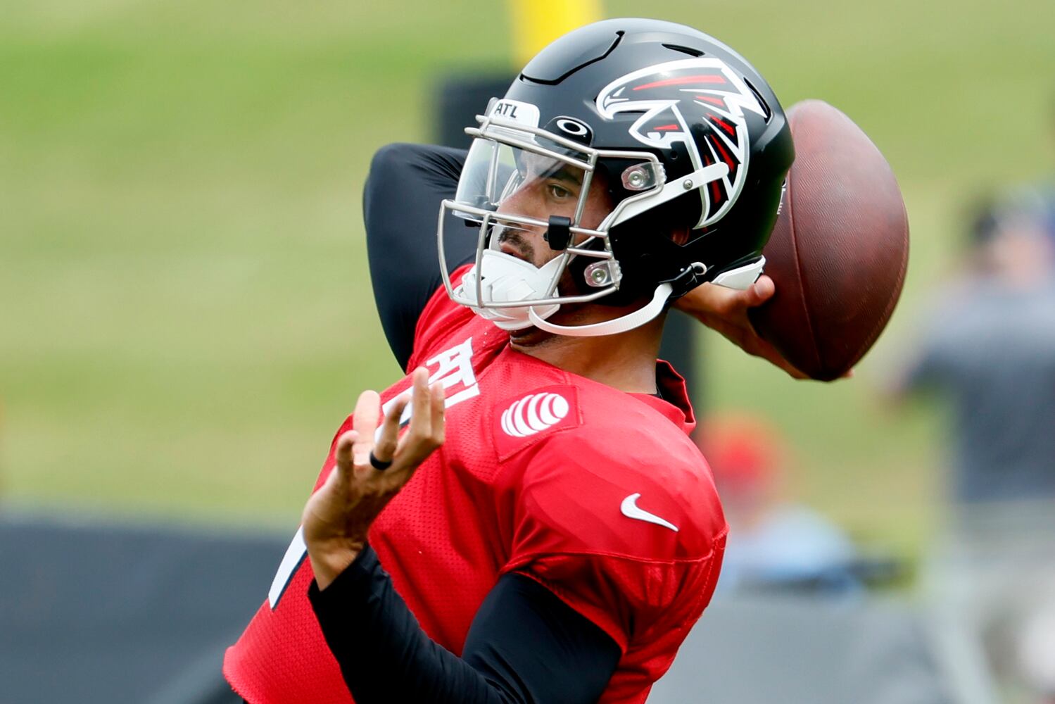 Falcons quarterback Marcus Mariota (1) prepares a pass during a joint practice with the Jacksonville Jaguars at the Falcons Practice Facility on Wednesday, August 24, 2022, in Flowery Branch, Ga. Miguel Martinez / miguel.martinezjimenez@ajc.com