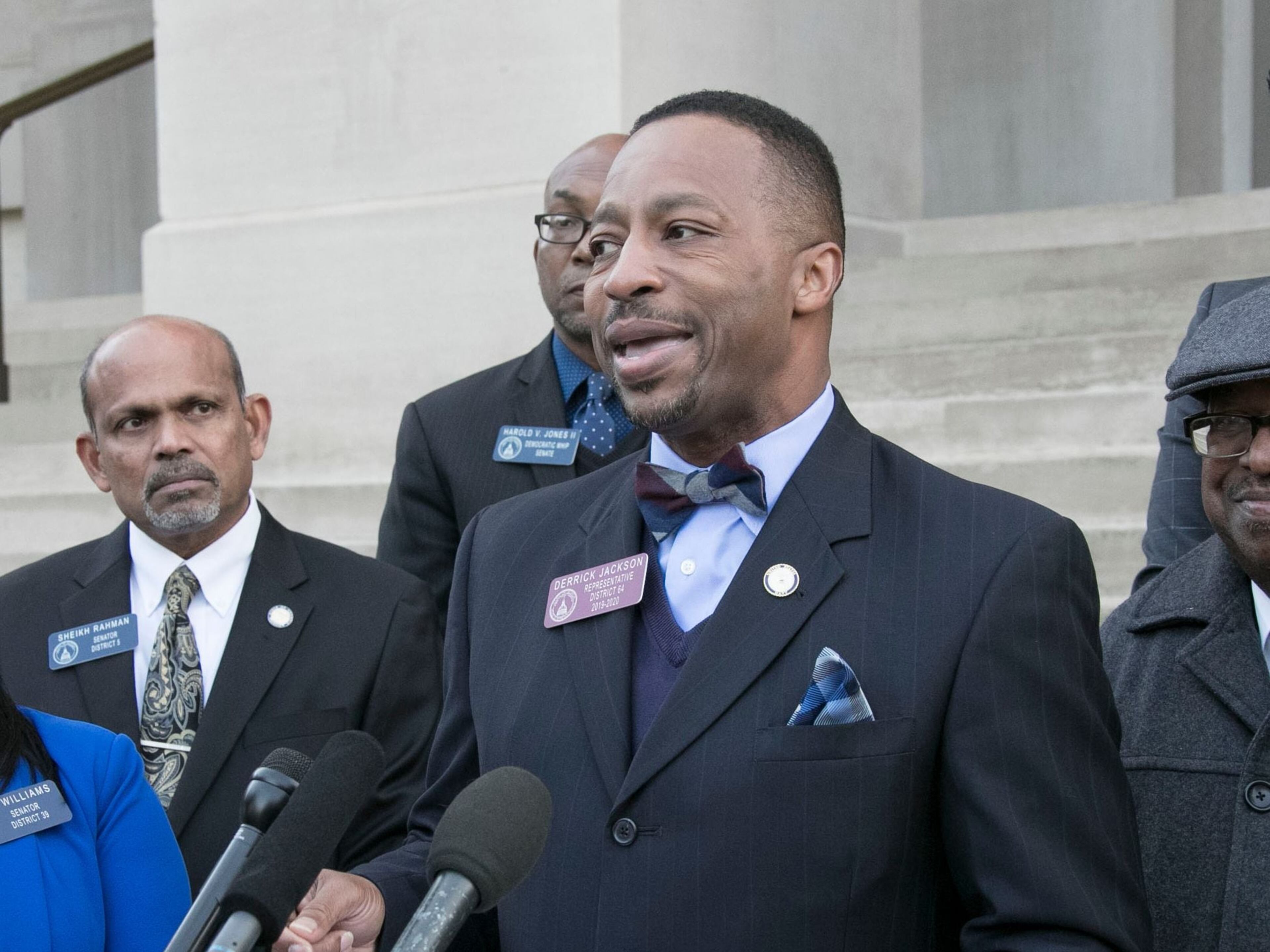 State Rep. Derrick Jackson (center) is the latest in a growing field of Democrats running for governor of Georgia in 2026. He plans to exempt teachers, military veterans and others from paying state income taxes. (Bob Andres/AJC/TNS)
