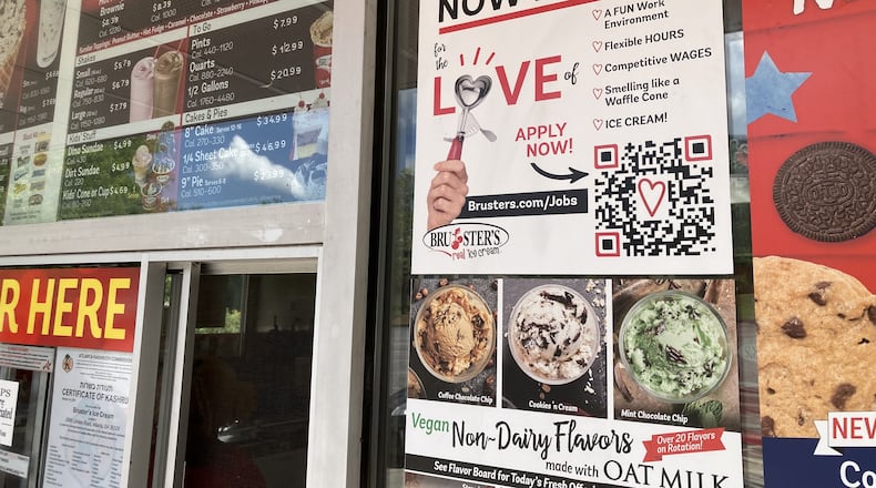 Despite a deceleration in growth, many employers are still looking to hire. Here, the front window at a Bruster's ice cream shop in Atlanta. Michael E. Kanell/michael.kanell@ajc.com