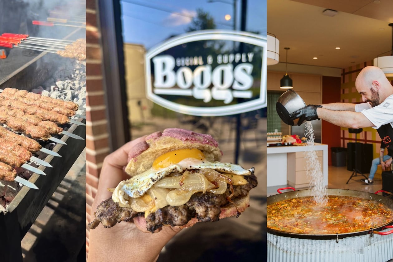 A triptych of vertical photos, from left: Skewers of meat cooking over a charcoal grill, a sandwich held in front of the Bogos restaurant sign and a man in an apron pours rice into a gigantic pot of food.